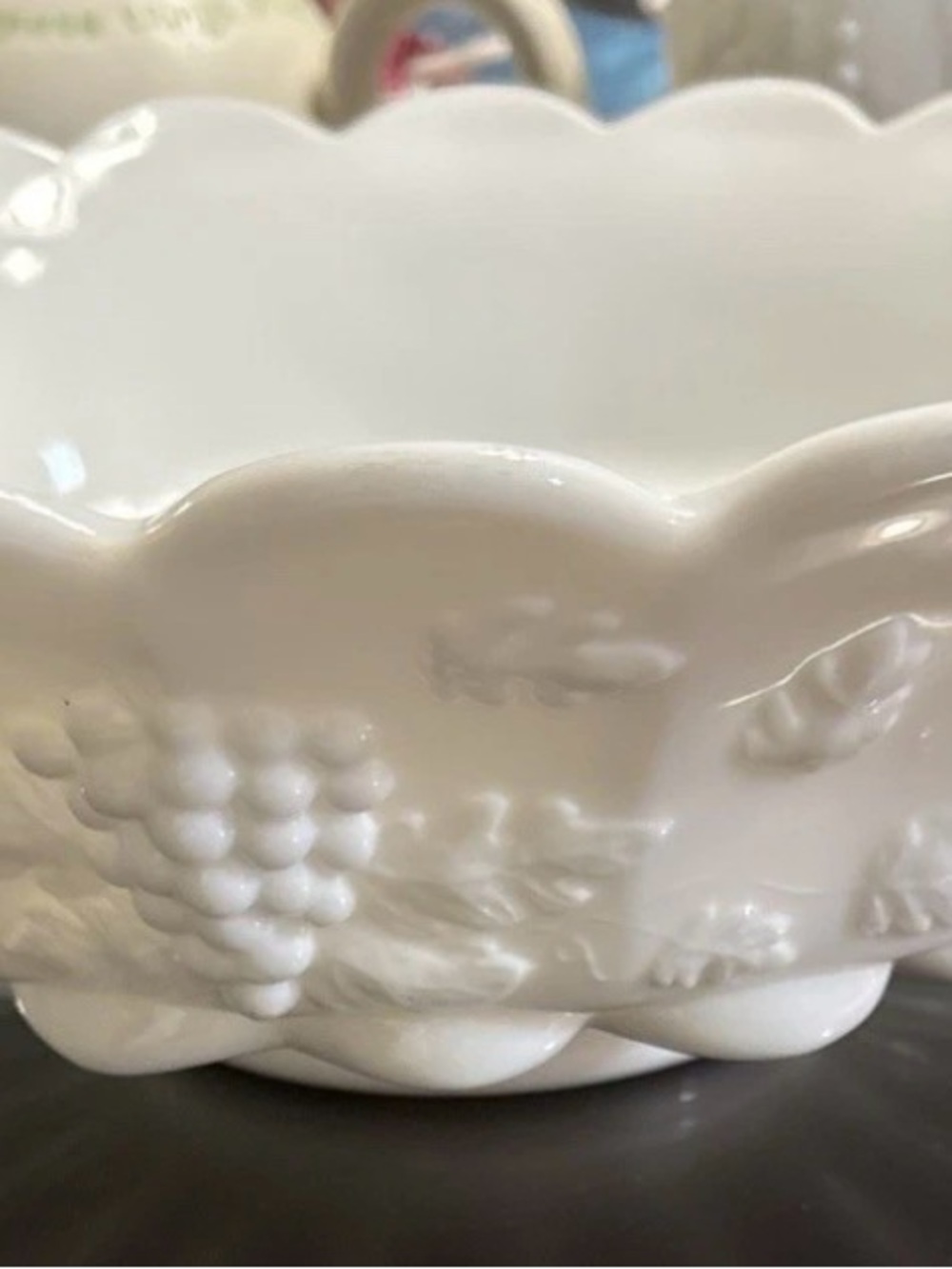 Westmoreland Milk Glass Embossed Grape Pattern With Scalloped Rim VTG 12” Bowl